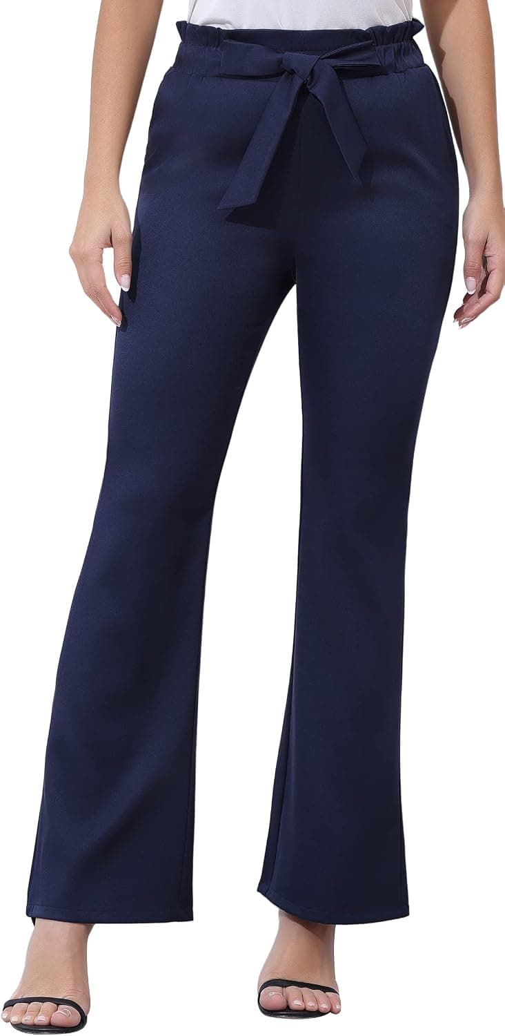 CXXQ Women's Flare Pants Elastic Ruffle High Waist Bowknot Petite Bell Bottom Pants Trendy 2 Pockets