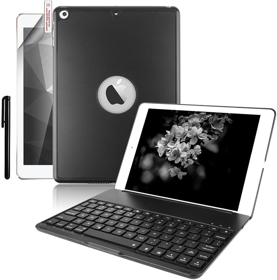 BORIYUAN iPad Pro 9.7 Keyboard Case, Aluminum 7 Color Backlit Wireless Bluetooth Keyboard Folio Smart Cover for Apple iPad Pro 9.7 with Foldable Stand Function + Screen Protector + Stylus, Black