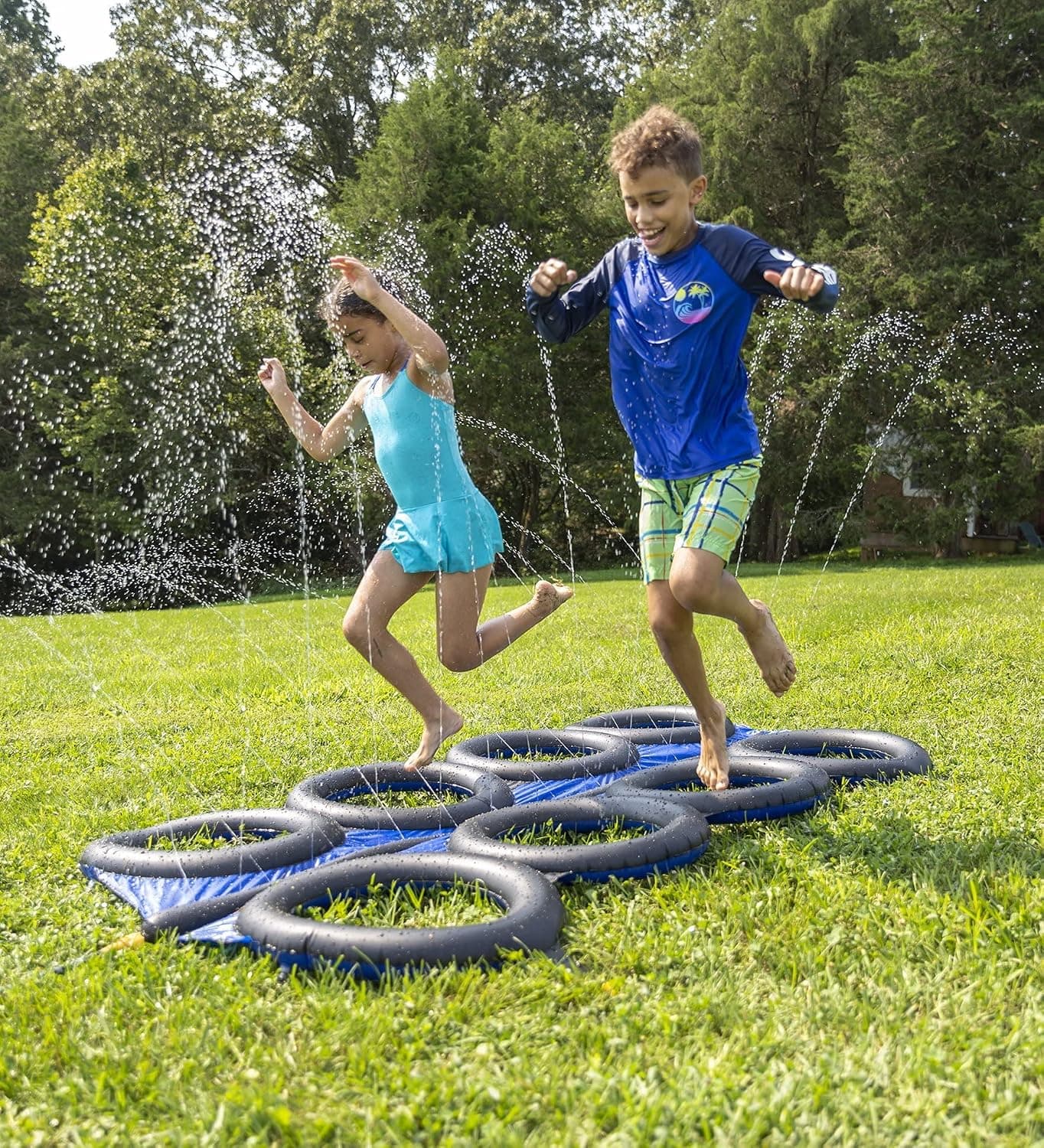 HearthSong Inflatable Tire Run with Sprinkler for Kids Outdoor Active Play, 14'L, for Use with or Without Water