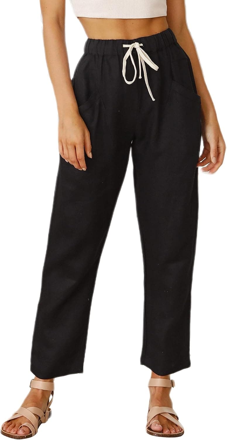 Lianlive Women's Linen Pants White Cotton Pull On Drawstring Summer Beach Pants