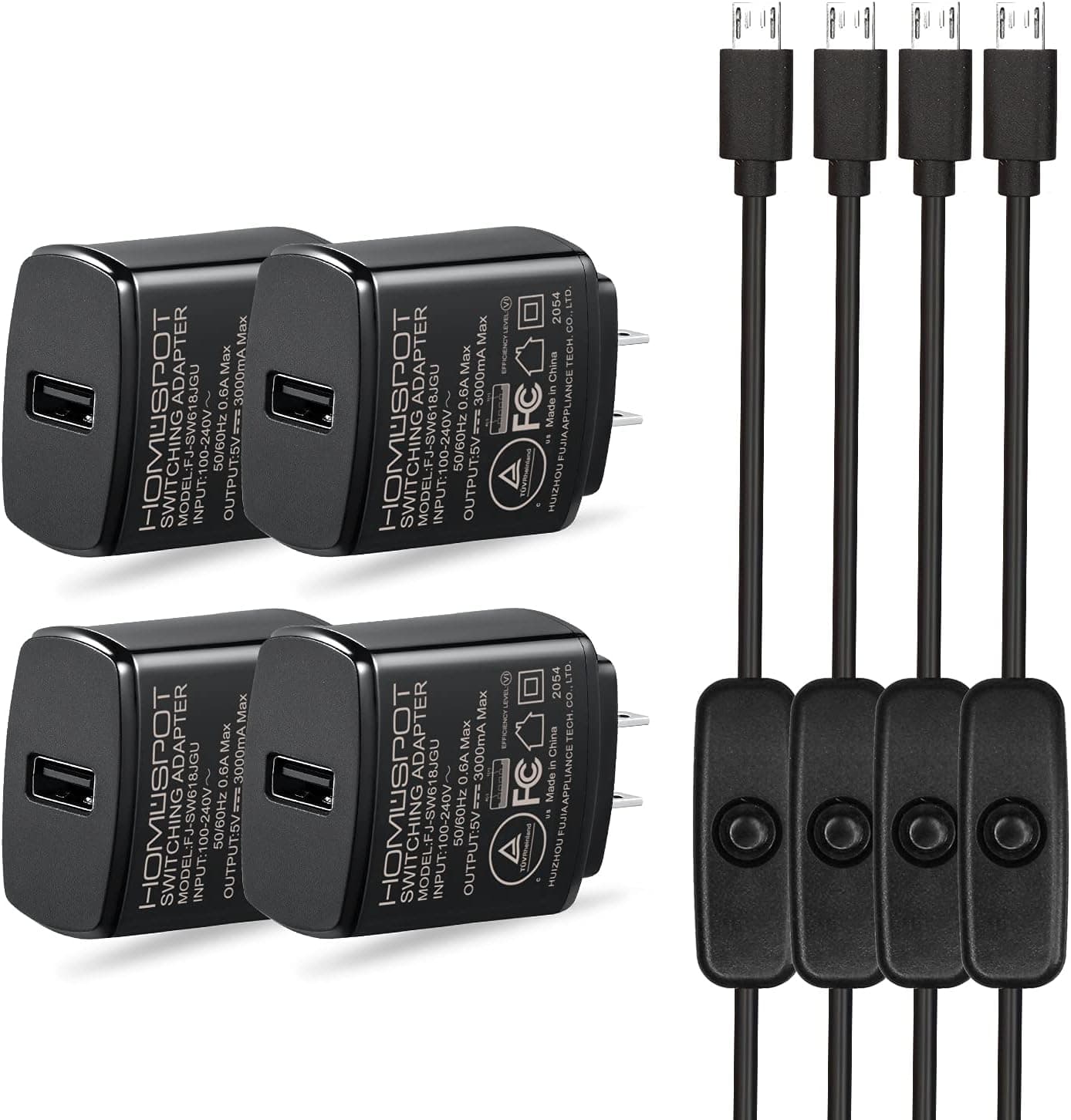 5V 3A Power Supply by MakerSpot with Switch 2.5A 2A 1.5A 1A Fast Charge AC Adapter w/ 1.5m Extra Long On Off Power Switch Micro USB Cable for Raspberry Pi 3 Model B/B+ Plus (4 Pack)