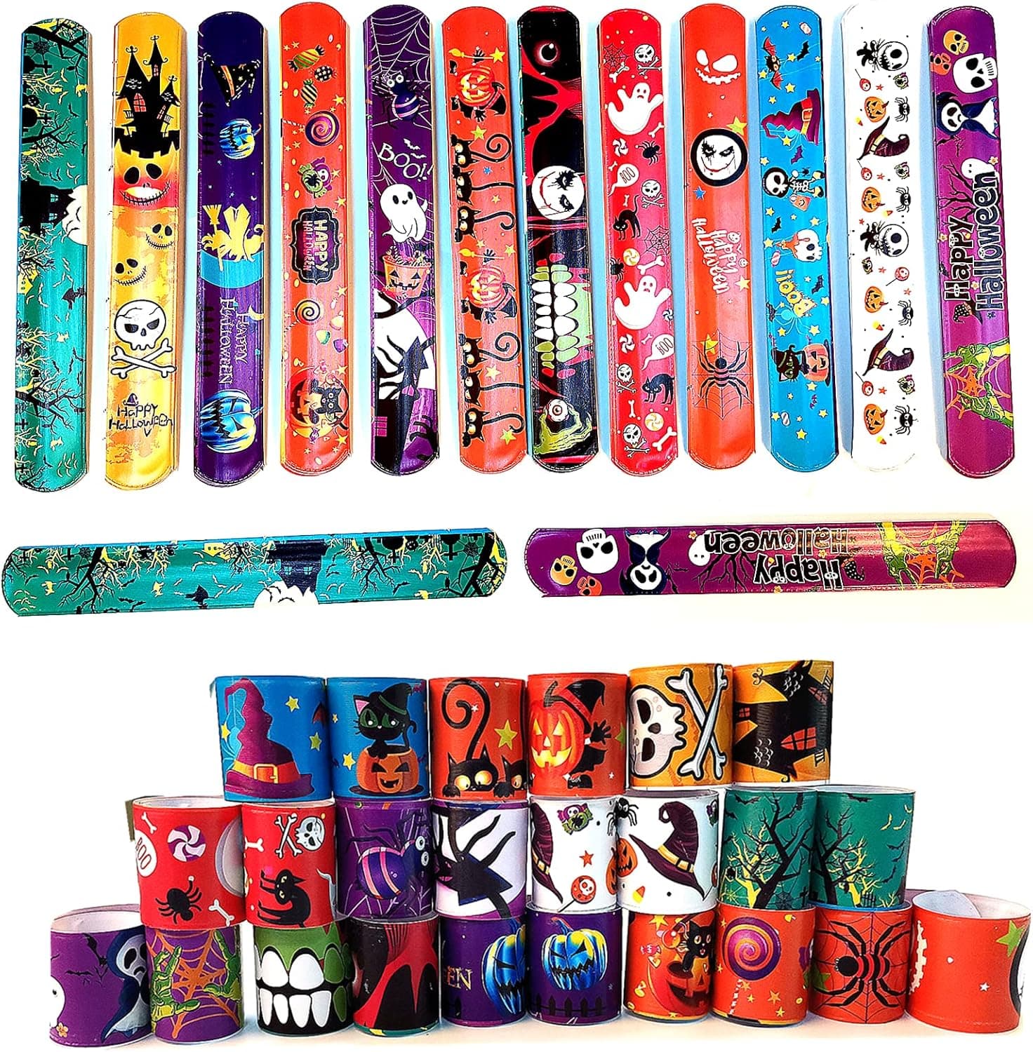 Kvittra Halloween Slap Bracelets for Kids, 48 Pack Halloween Decorations, 12 Styles for Halloween Party Favors Classroom Gifts, Colorful Gifts for Kids/Adults/Girls/Boys 1.3 x 8 Inch
