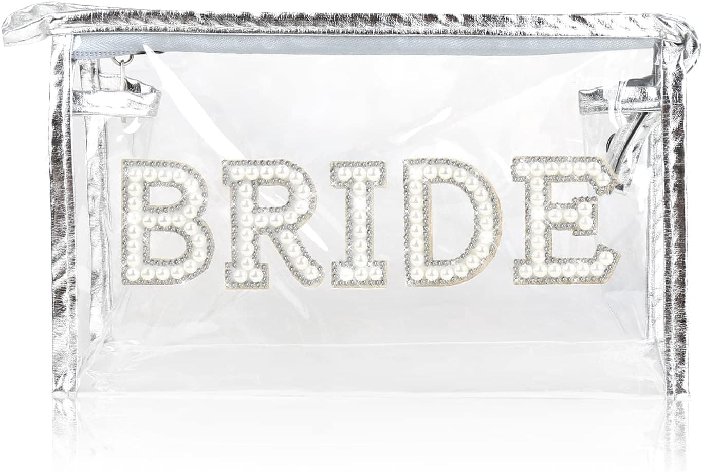 Bride Makeup Bag Bride Gifts Pearl Rhinestone Letter Patch Clear PVC Water-resistant Portable Zipper Cosmetic Toiletry Travel Organizer for Bridal Shower Wedding day Bachelorette Party