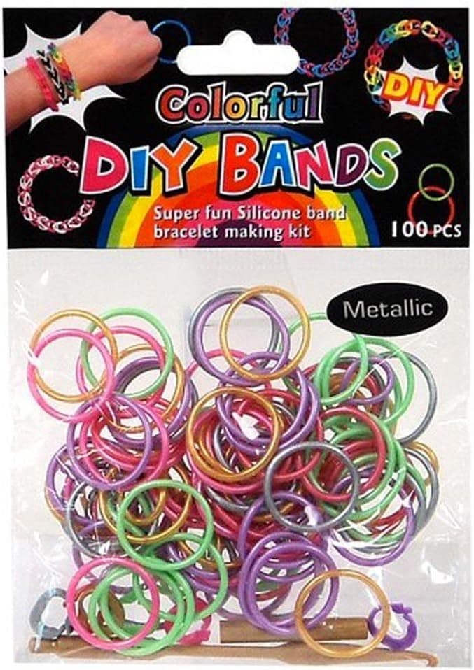 DIY Bands - 100 Count Metallic Rainbow Refill bands with Clips and Loom tool