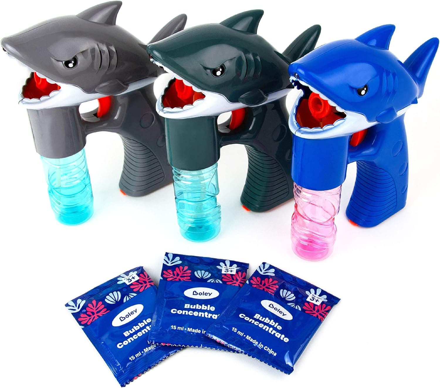 Boley Shark Bubble Guns - 3 Pack Light-Up Bubble Gun for Kids & Toddlers - Sharks Bubble Blower Blaster Machine Shooter for Boys & Girls