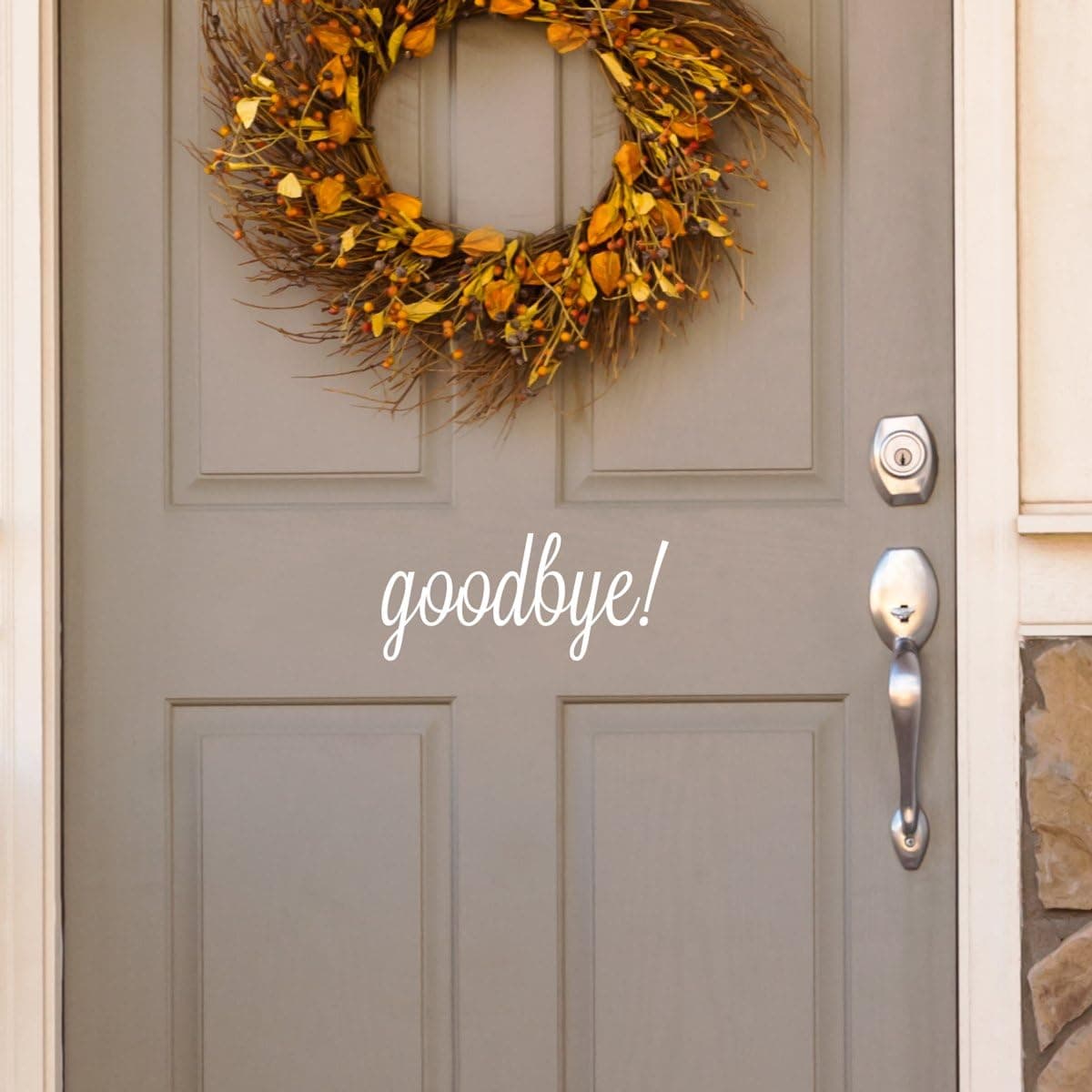 White Goodbye Front Door Vinyl Decal Cursive Handwriting Wall Art Décor Sticker Lettering Removable