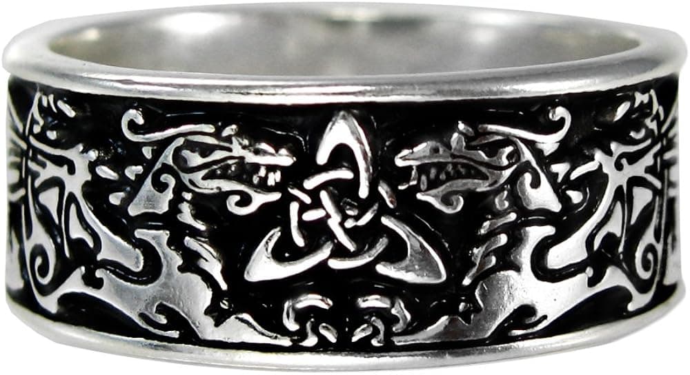 Sterling Silver Wide Celtic Knot Triquetra Dragon Ring (Size 6-15)