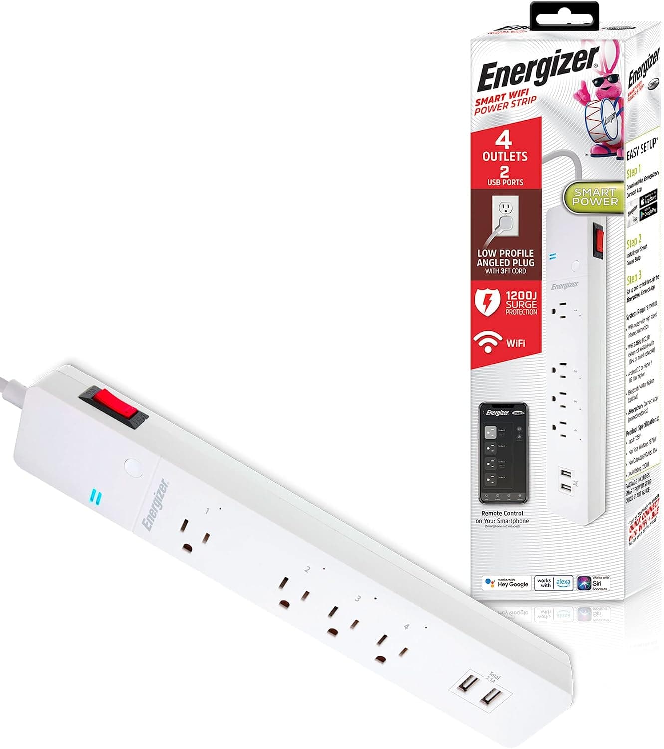 Energizer Smart Wi-Fi 4 Outlet 2 USB Power Strip, 1,200 Joules, Powers 4 Separate Items, Charge Compatible Devices, Compatible with Alexa/Siri/Google Assistant…