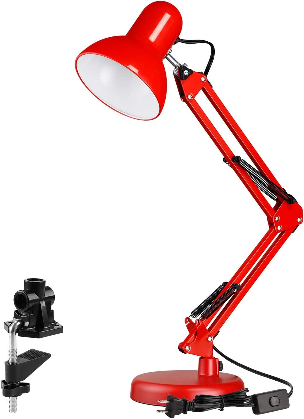 TORCHSTAR LED Desk Lamp Metal Swing Arm, Multi-Joint, Adjustable Arm, Classic Architect Clip On Study Table Lamp, Interchangeable Base or Clamp, Red Finish
