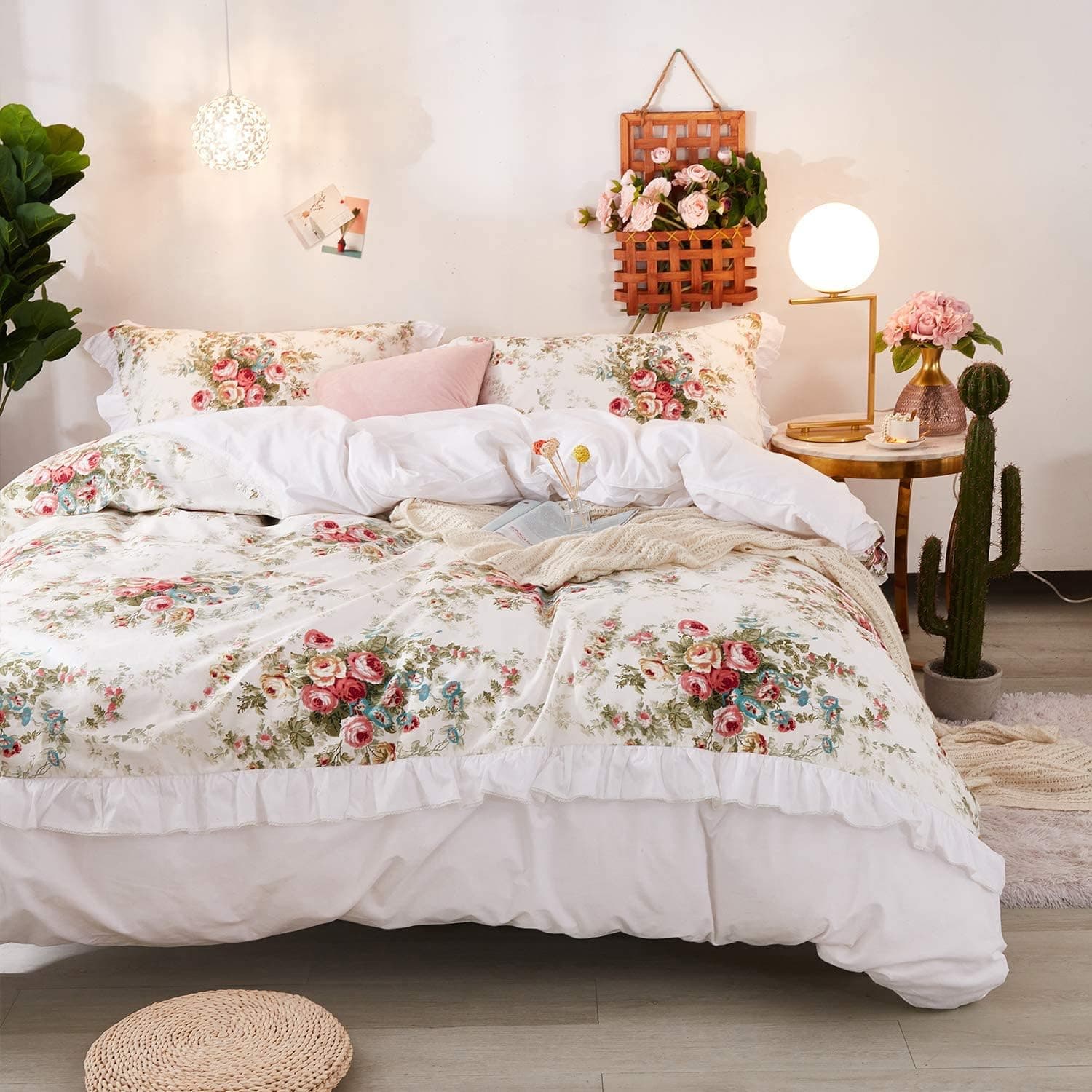 FADFAY Vintage Rose Duvet Cover Floral Bedding Set- 100% Cotton 600 TC Super Soft Shabby Reversible White Lace Girls Comforter Cover with Hidden Zipper & 2 Pillowshams, King/Cal King