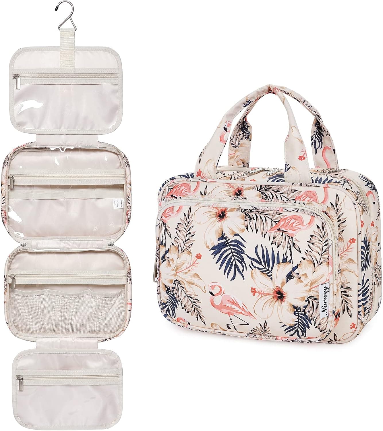 Narwey Hanging Toiletry Bag for Women Travel Makeup Bag Organizer Toiletries Bag for Travel Size Essentials Accessories Cosmetics (Beige Bird (Medium))