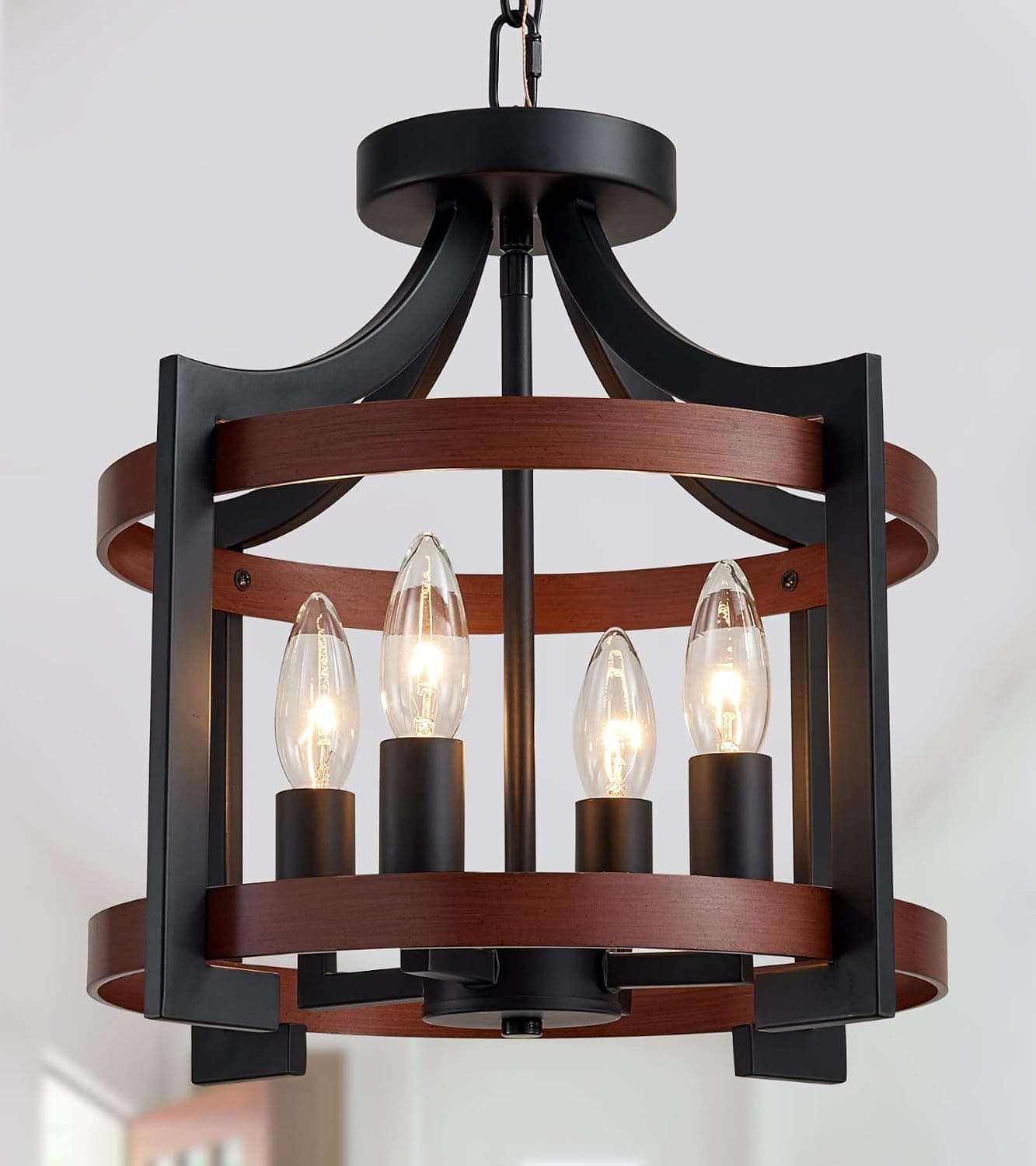 MEIXISUE 4-Light Farmhouse Small Chandelier Light Fixtures Oak Red and Black Finish Vintage Industrial Pendant Light for Kitchen Dining Room Living Room Entryway Foyer Stairway Hallway UL Listed