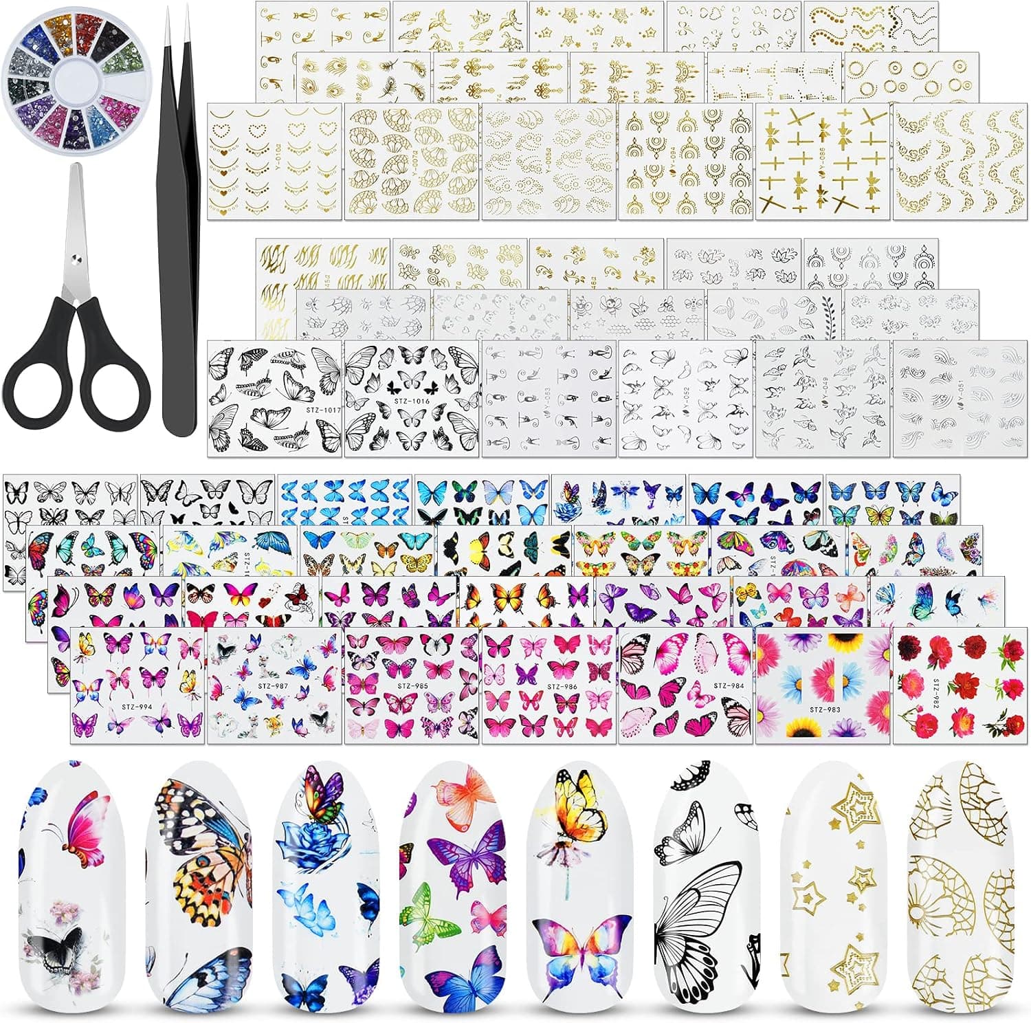 Nail Stickers 60 Sheets, EAONE Butterfly Nail Stickers Water Transfer Self-Adhesive Flower Nail Tattoos Decals Gifts for Women Girls Gel Polish with Nail Gems Tweezers and Scissors Decoration Kits