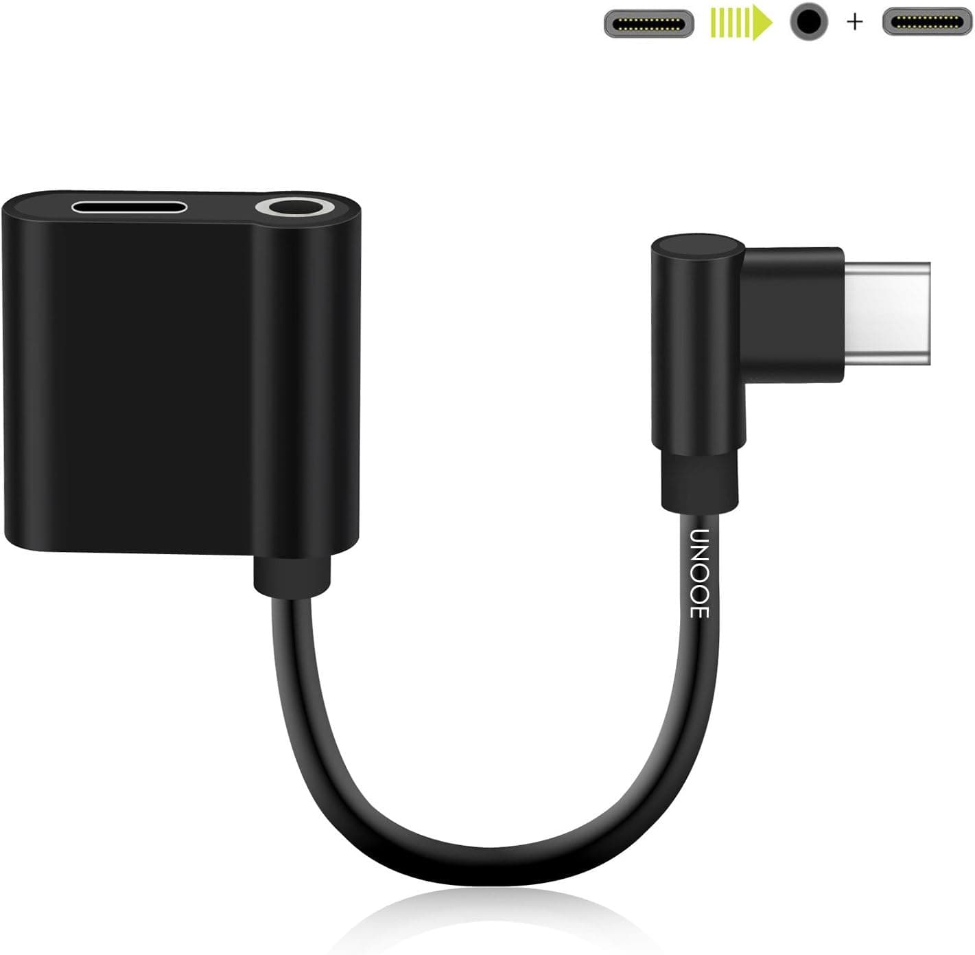 USB C to 3.5mm Headphone Jack Aux Audio & Charger Adapter for Moto Z, UNOOE [90 Degree Right Angle] 2 in 1 Type C Audio Adapter ONLY for Motorola Moto Z,Huawei Mate 10 Pro,Xiaomi 6, LeEco Le 2 (Black)
