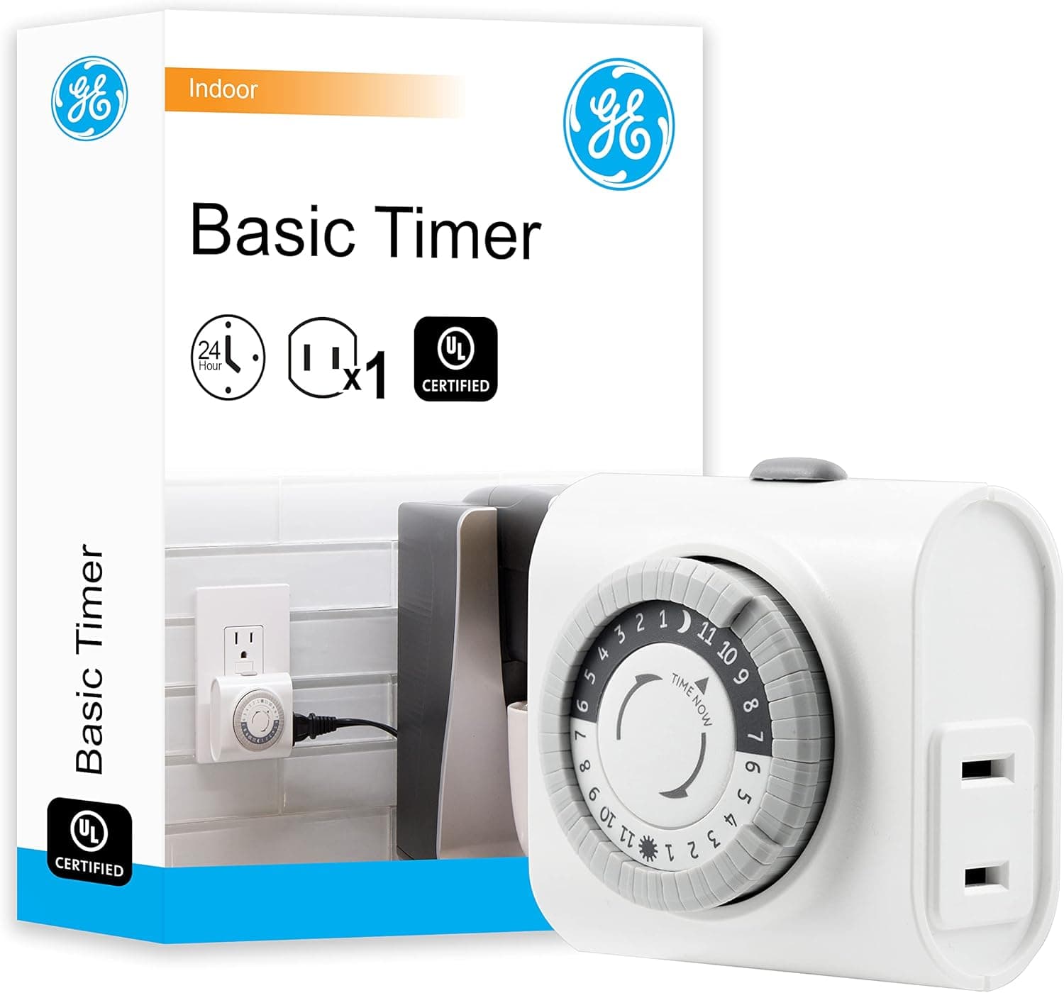 GE 24-Hour Indoor Basic Timer, 1 Polarized Outlet, Plug-In, Daily On/Off Cycle, 30 Minute Interval, for Lamps, Seasonal Appliances, and Portable Fans, 15119, 1 Pack