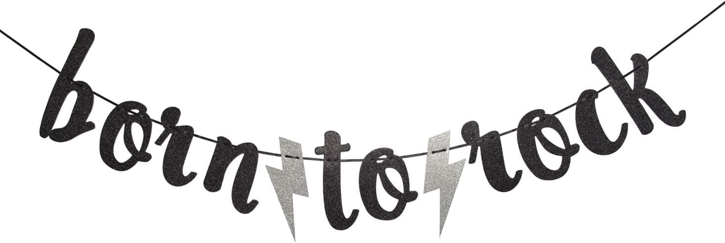 Born to Rock Glitter Banner for Rock Birthday Party Decorations (Black)