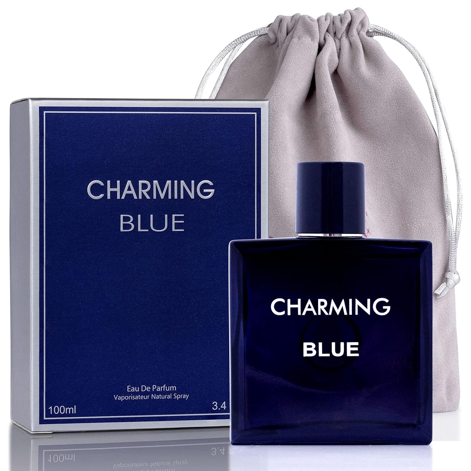 Charming Blue For Men - 3.4 Fl. Oz. 100ml Men's Perfume with NovoGlow Carrying Pouch - Refreshing Combination of Woody Floral & Fruity Scents - Masculine Scent Lasts All Day A Gift for Any Occasion