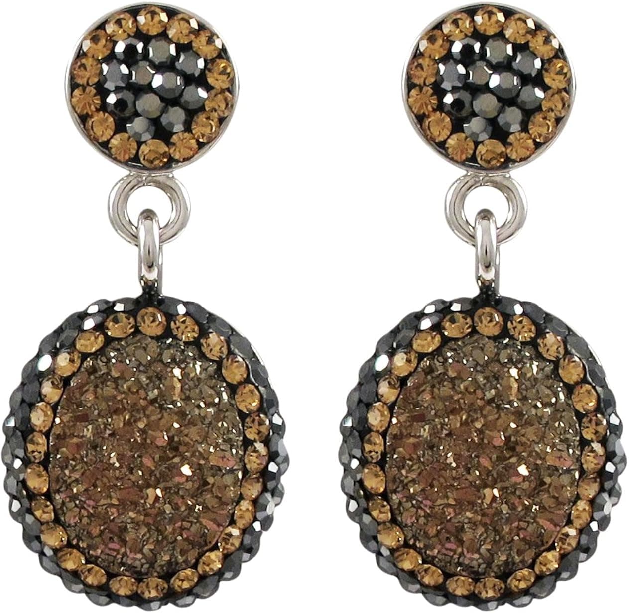 GRACE HARPER Silver-tone Brown Druzy Quartz Black and White Czech Crystals Oval Dangle Earrings