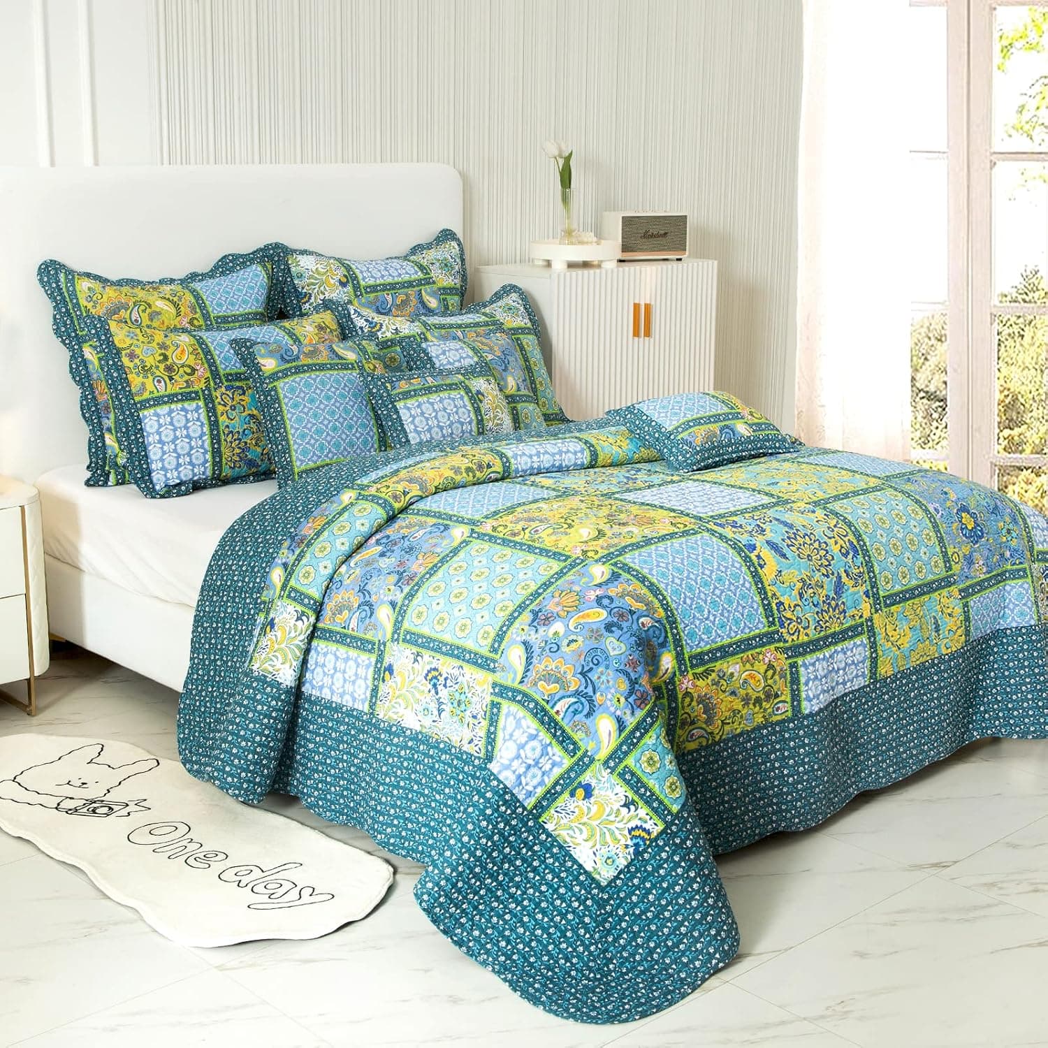 Bed Spreads Quilt Set Clearance Queen Size, 100% Cotton Turquoise Floral Quilted Coverlet for All Season, Oversized Bedding Set with 4 Decorative Pillows, 4 Matching Shams, Queen, 98 in x 90 in