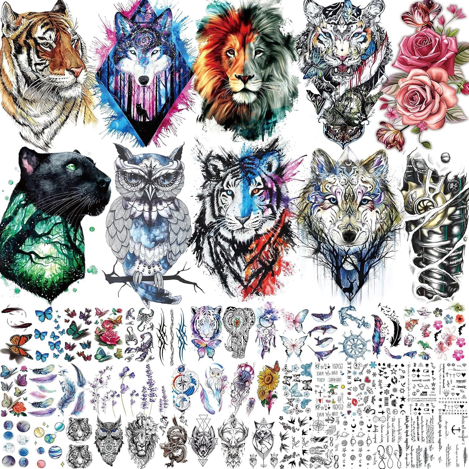 Bilizar 56 Sheets Watercolor Owl Tiger Lion Temporary Tattoos For Women Men Body Art Arm Thigh, 3D Long Lasting Realistic Fake Tattoo Sleeve Stickers For Adults, Wolf Animals Temp Tattoo Decals Kids