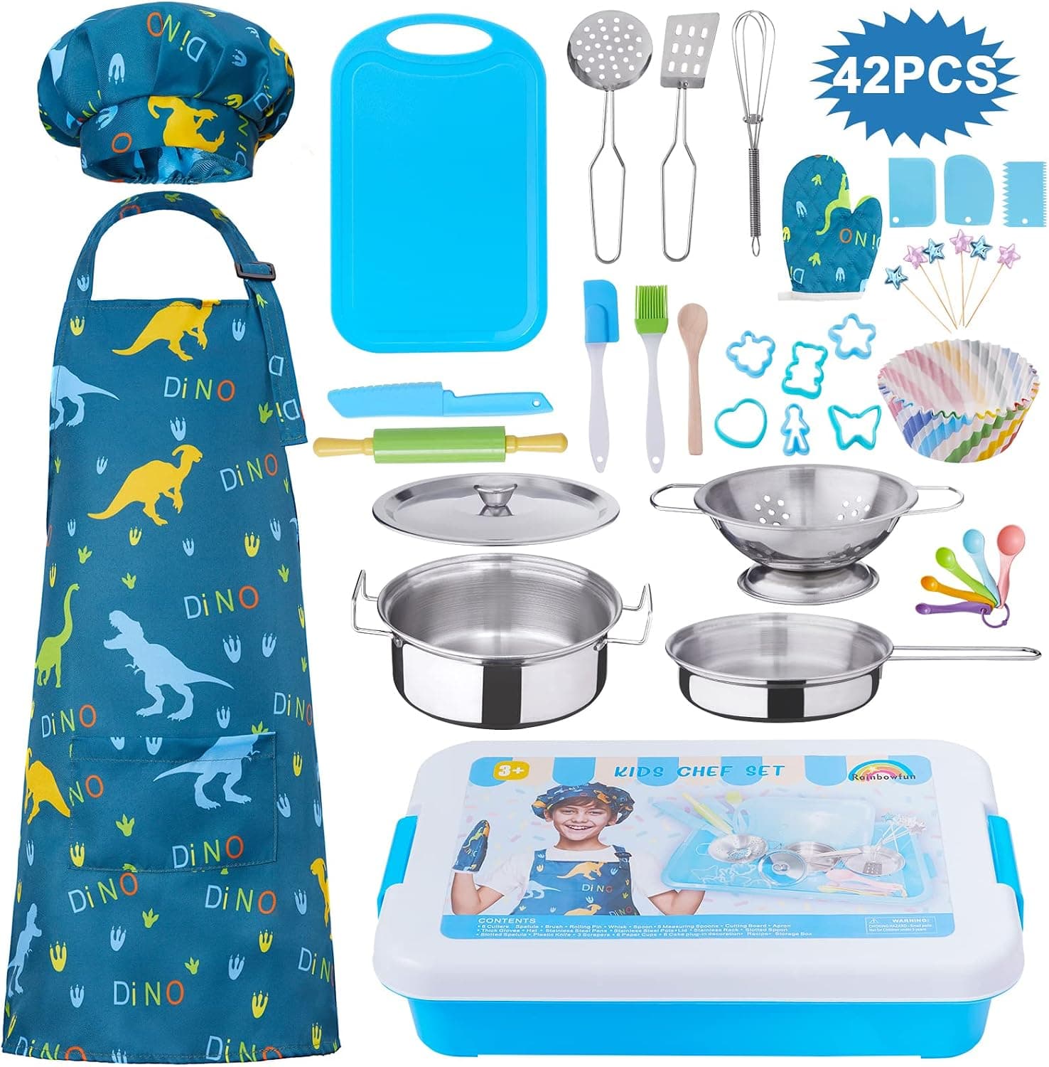 42 Pieces Kids Real Cooking Set,Kids Knife Set,Kids Baking Set,Cookware,Kids Play Pots and Pans,Mini Stainless Steel Pretend Play Cooking Toys,Apron and Chef Hat for Boys,Sensory Toys