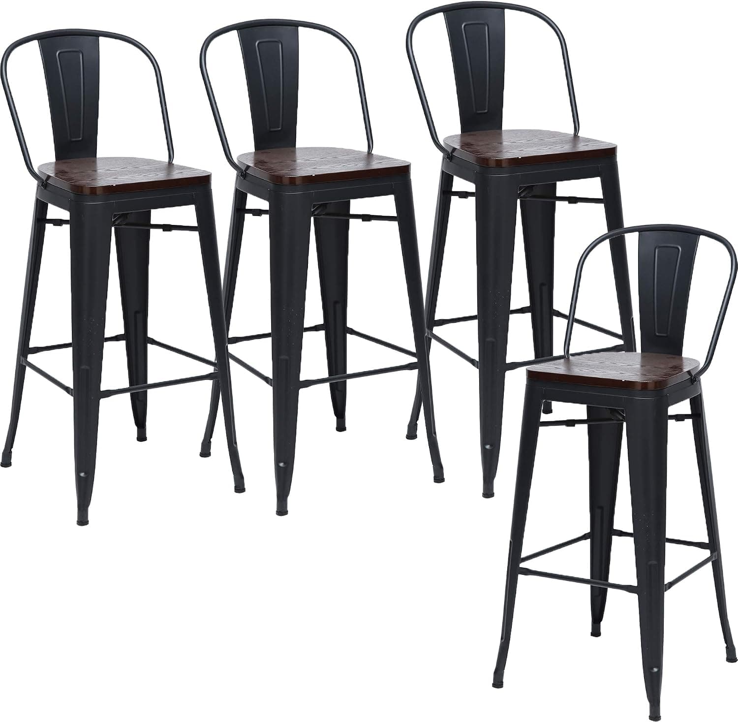 Changjie Furniture 26 Inch Metal Bar Stool Kitchen Counter Bar Stools High Back Set of 4 (26 inch, High Back Matte Black Wooden)