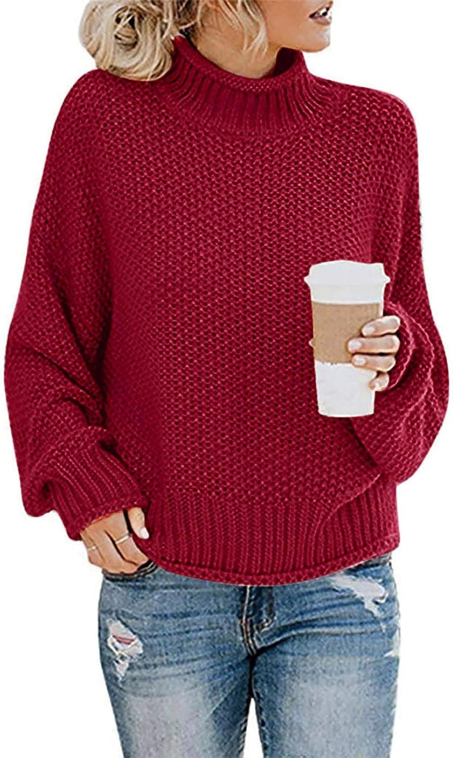 Women's Color Block Turtleneck Batwing Sleeve Sweaters Tunic Loose Oversized Chunky Knitted Pullover Jumper Tops