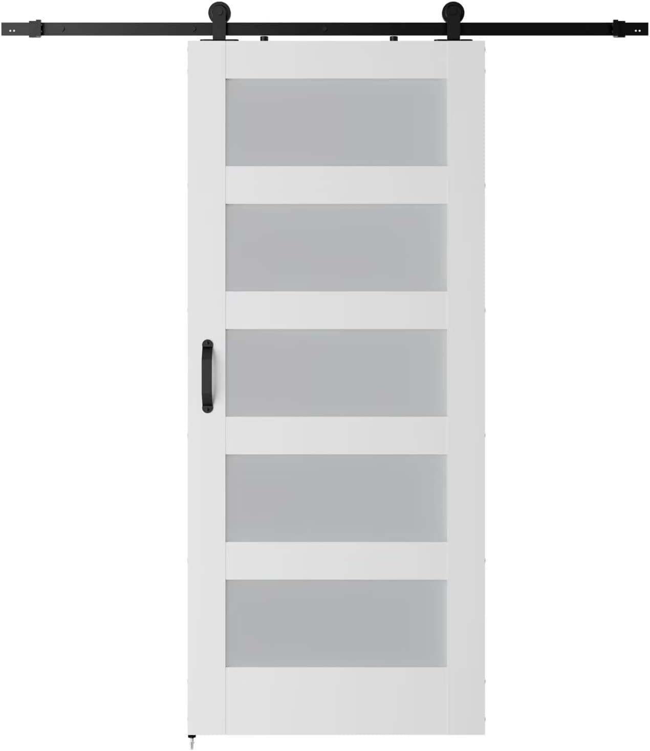 KINMADE 36in x 84in White Glass Barn Door with 6.6FT Sliding Door Hardware Kit & Handle,5 Panel Frosted Glass Barn Doors for Bathroom,Wooden Solid MDF Core & Eco Water-Proof PVC Veneer,DIY Assembly