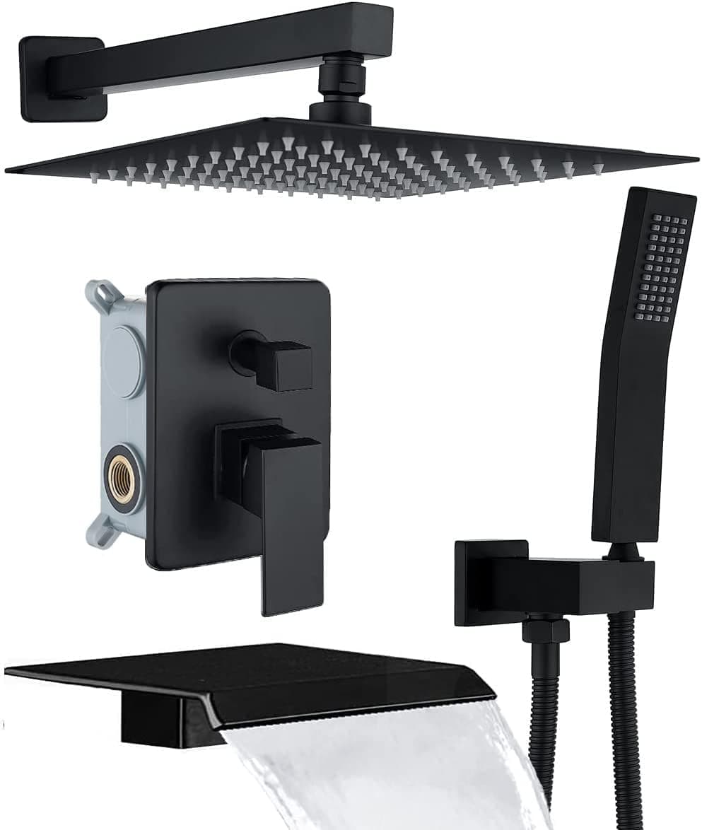 YESIMI Bathtub Shower System Matte Black All Metal Tub Shower Faucet Set with Waterfall Tub Spout and 10 Inch Rain Shower Head Tub Faucet Set Rough-in Valve and Trim Kit (Matte Black 10 Inches)