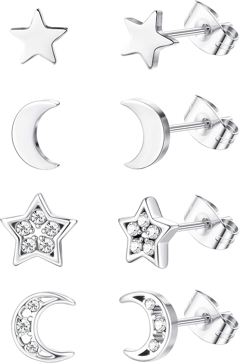 CASSIECA 4 Pairs Stainless Steel Star Moon Stud Earrings for Women Ladies Cubic Zirconia Tiny Moon Star Earrings for Double Pierced Ears