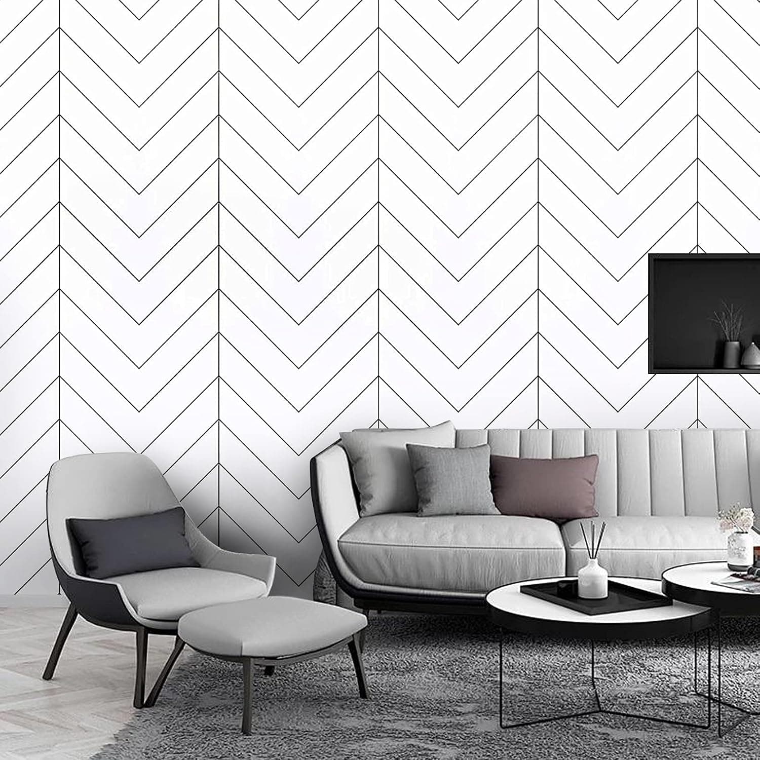 Black and White Modern Herringbone Wallpaper 17.7"X236.2" Peel and Stick Wallpaper Geometric Self Adhesive Removable Contact Paper Vinyl Waterproof Striped Wall Paper for Home Decoration Papel Tapiz