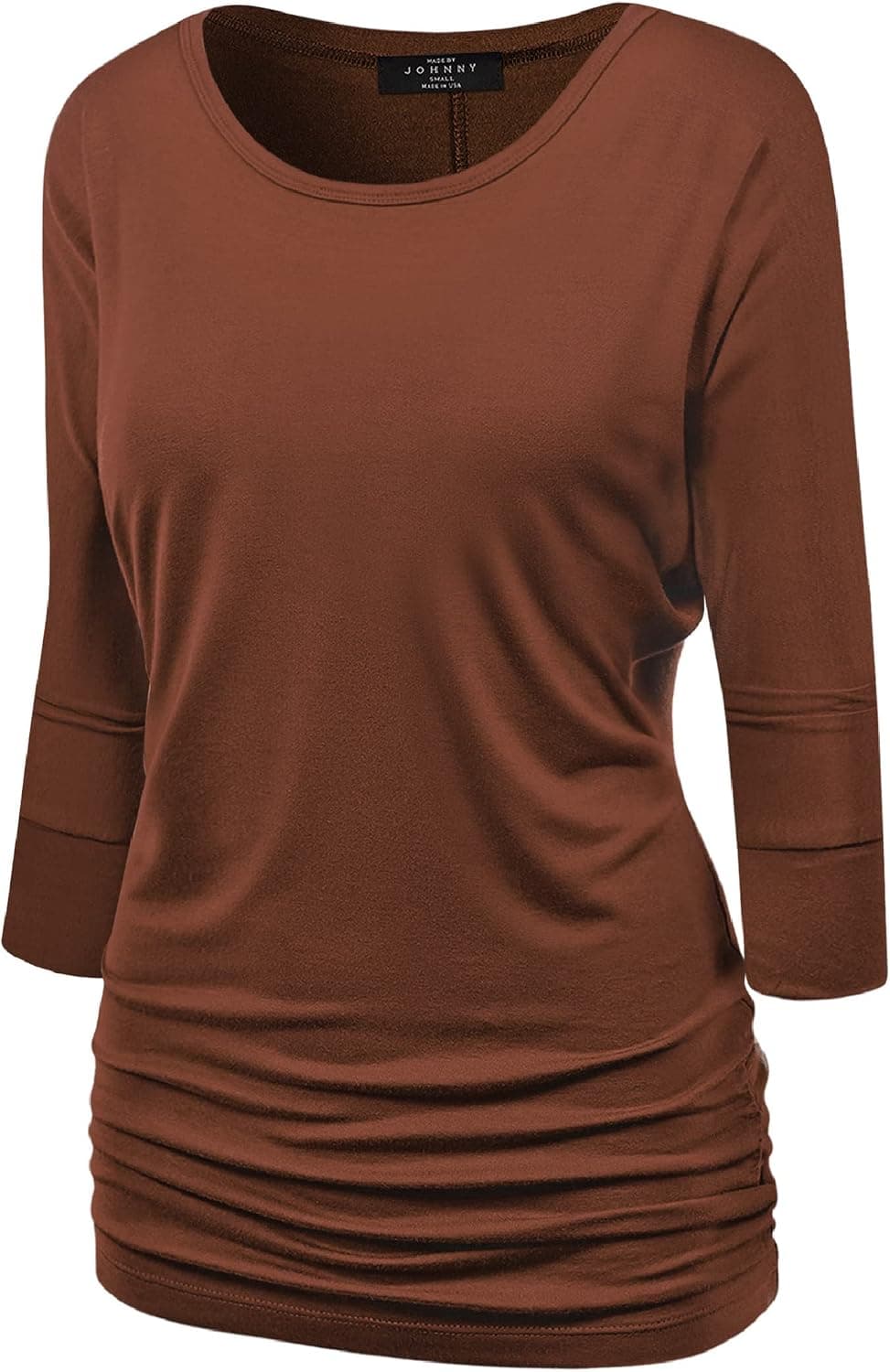 Made By Johnny Women's Boat Neck and V-Neck 3/4 Sleeve Draped Dolman Top with Side Shirring Premium Shirt