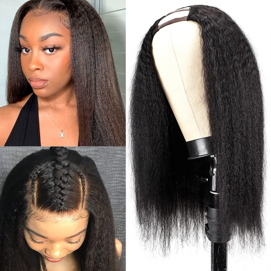 2''x4'' U Part Human Hair Wig, Glueless Kinky Straight Human Hair Wig, Brazilian Remy Kinky Straight U Part Wig, 150% Density U Part Wigs for Black Women Human Hair 18 Inch