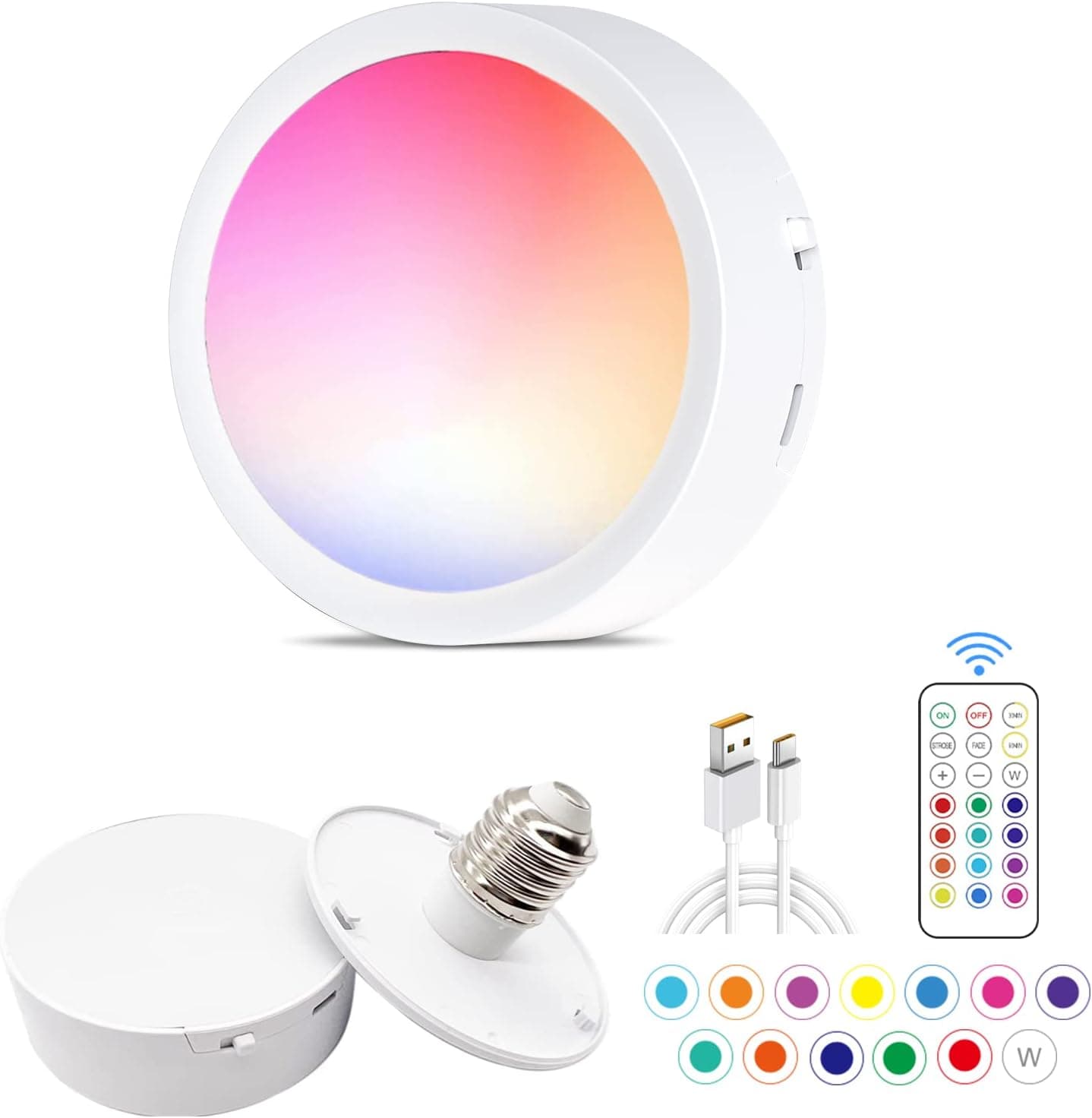 LED Puck Light,USB Rechargeable E26 Light Bulbs,13 Colors RGB Battery Powered LED Magic Bulb with Remote Control,Wireless Dimmable for Wall Sconces Lamp Non Electric Emergency Backup