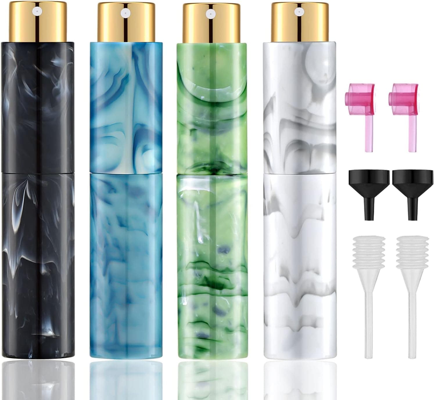 10ML Mini Perfume Atomizer Bottle, Refillable Travel Size Empty Perfume Sprayer with Funnel, Distributor, Dropper, Marble Pattern Portable Spray Bottle for Women&Men ( Black&Green&Blue&White,4 PCS )
