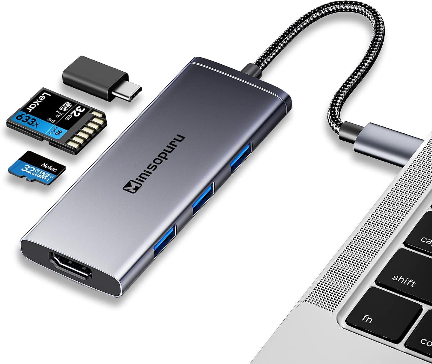 Minisopuru USB C Hub,7-in-1 USB-C Hub for Laptop & Tablet, USB C to USB C Multiport Adapter with 3 USB 3.0, 4K HDMI,100W Charging, SD/TF, USB C Dongle for MacBook Pro, Surface & More(Gun Black)