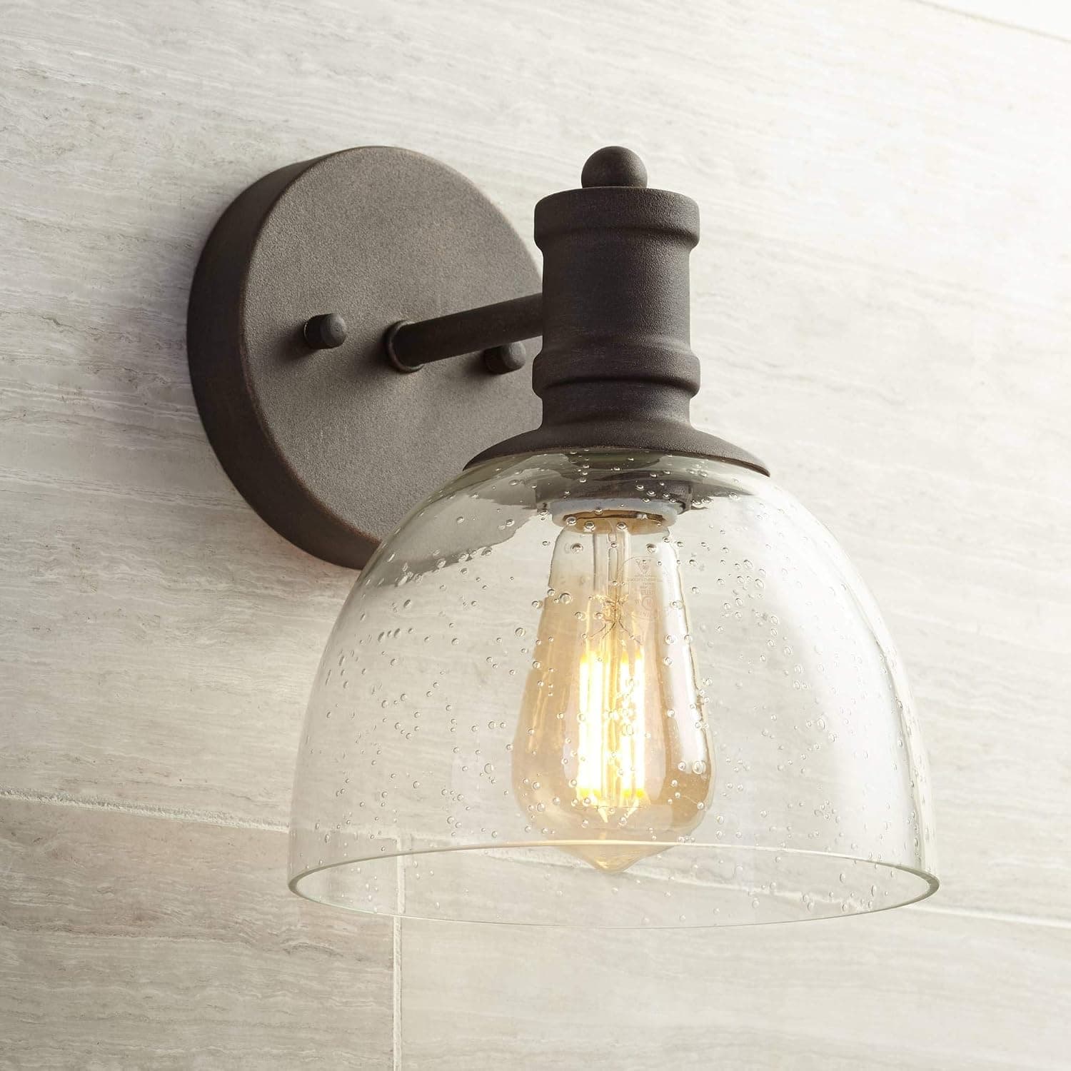 Franklin Iron Works Bleecker Farmhouse Industrial Wall Light Sconce Bronze Brown Hardwired 7 1/4" Wide LED Fixture Clear Seedy Glass Shade for Bedroom Bathroom Bedside Living Room Home Hallway