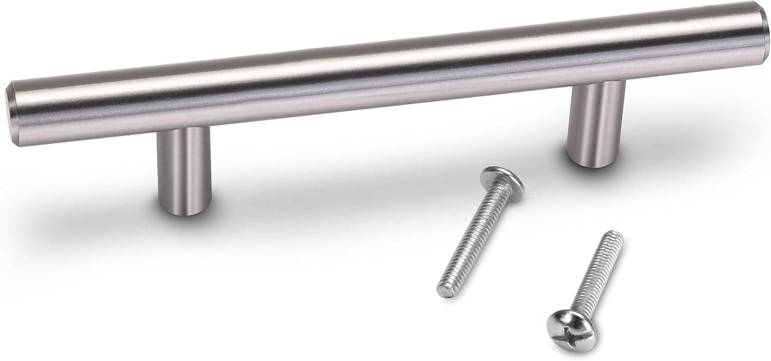 Utopia Home Brushed Satin Nickel Metal - Cabinet Pulls Solid Modern Euro Style - T Bar Kitchen Cabinet Handles - 3" Hole Center, 5.35" Overall length - Pack of 25