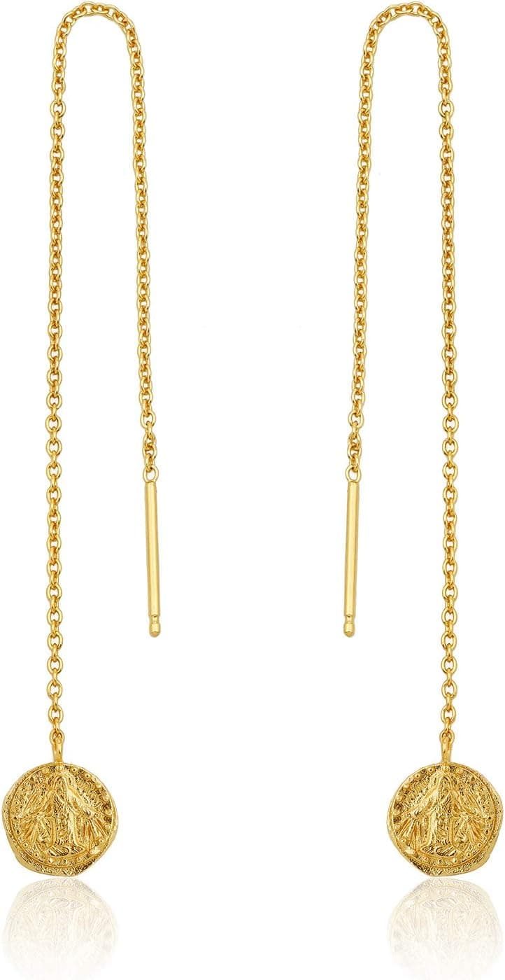ANIA HAIE Sterling Silver Front & Back Threader Coin Dangle Drop Earrings for Women, 14K Yellow Gold Plated
