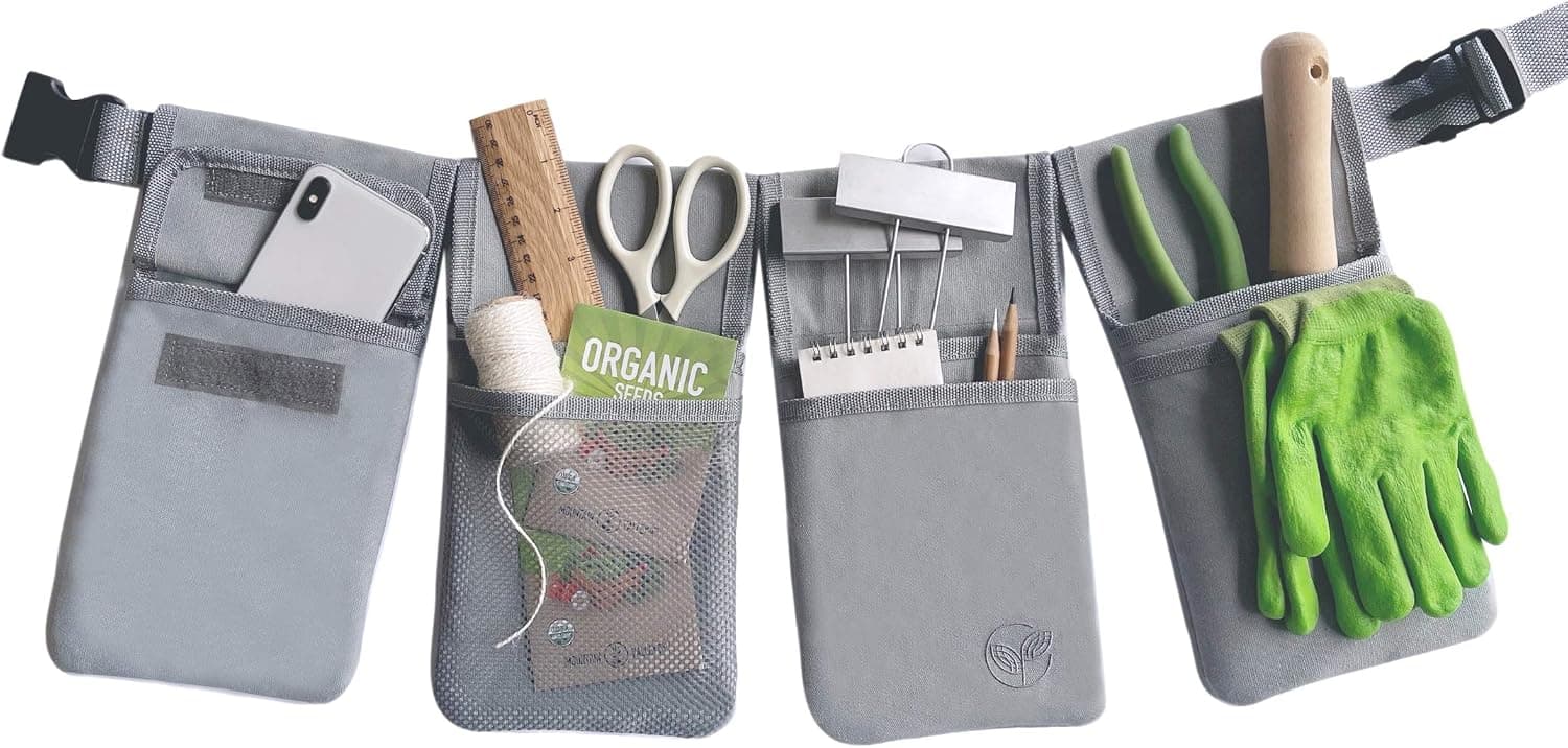 LOOPSEED Garden Tool Belt Gardening Apron Utility Belt for Home Improvement and Housekeeping Waist Canvas Organizer Bag with 4 Individual Pouch and 7 Pocket (Gray)