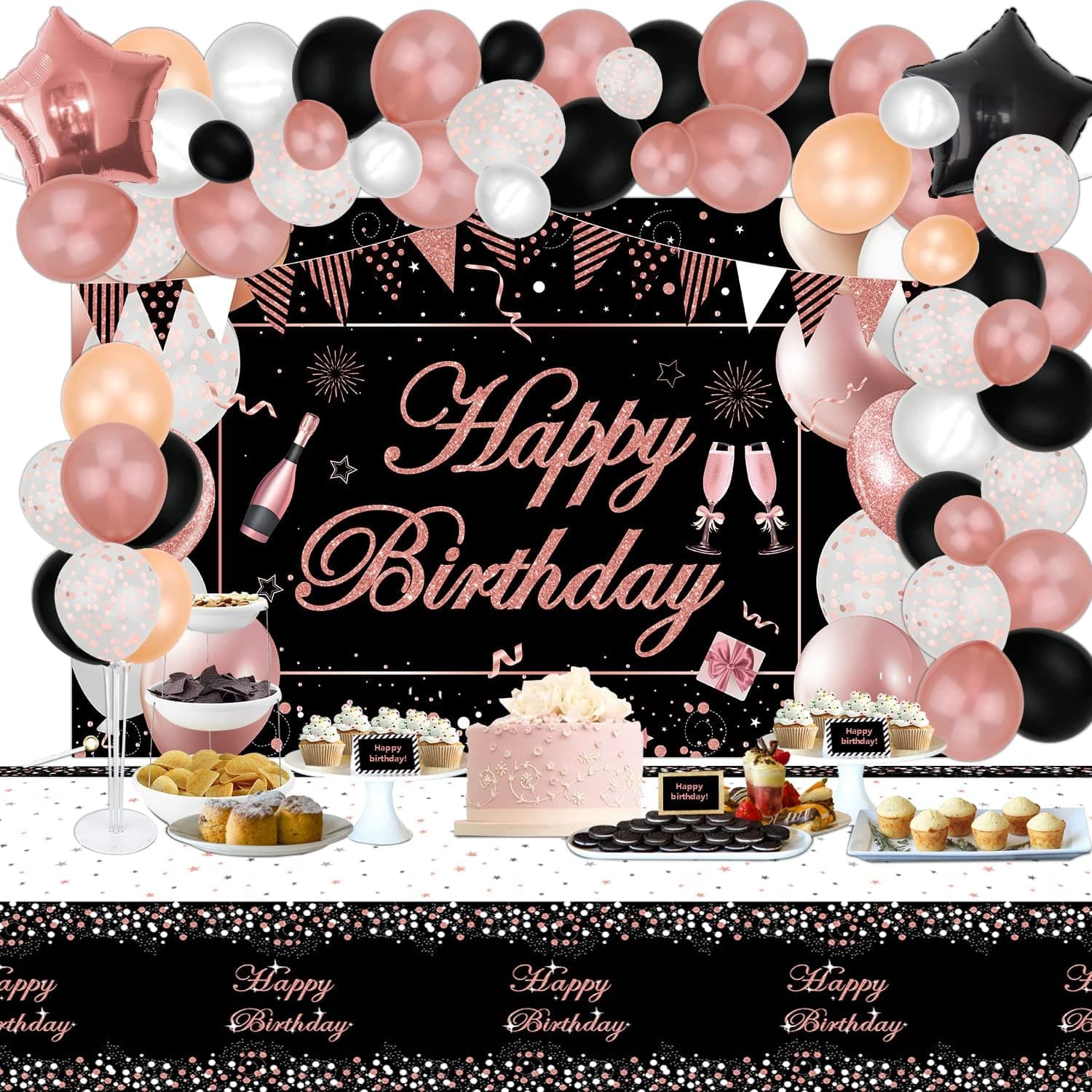 Rose Gold and Black Party Decorations - Black Rose Gold Backdrop Banner, Tablecloth, Balloon Column, Latex Balloon and Foil Balloons for Girls Women Birthday Party Supplies