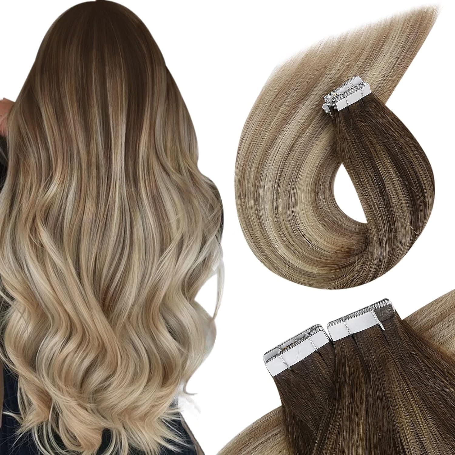 Tape in Extensions Brown Balayage Real Human Hair Extensions Tape in Dark Brown to Golden Blonde Mixed Platinum Blonde Tape in Human Hair Extensions Brown 12inch 20pcs 40g