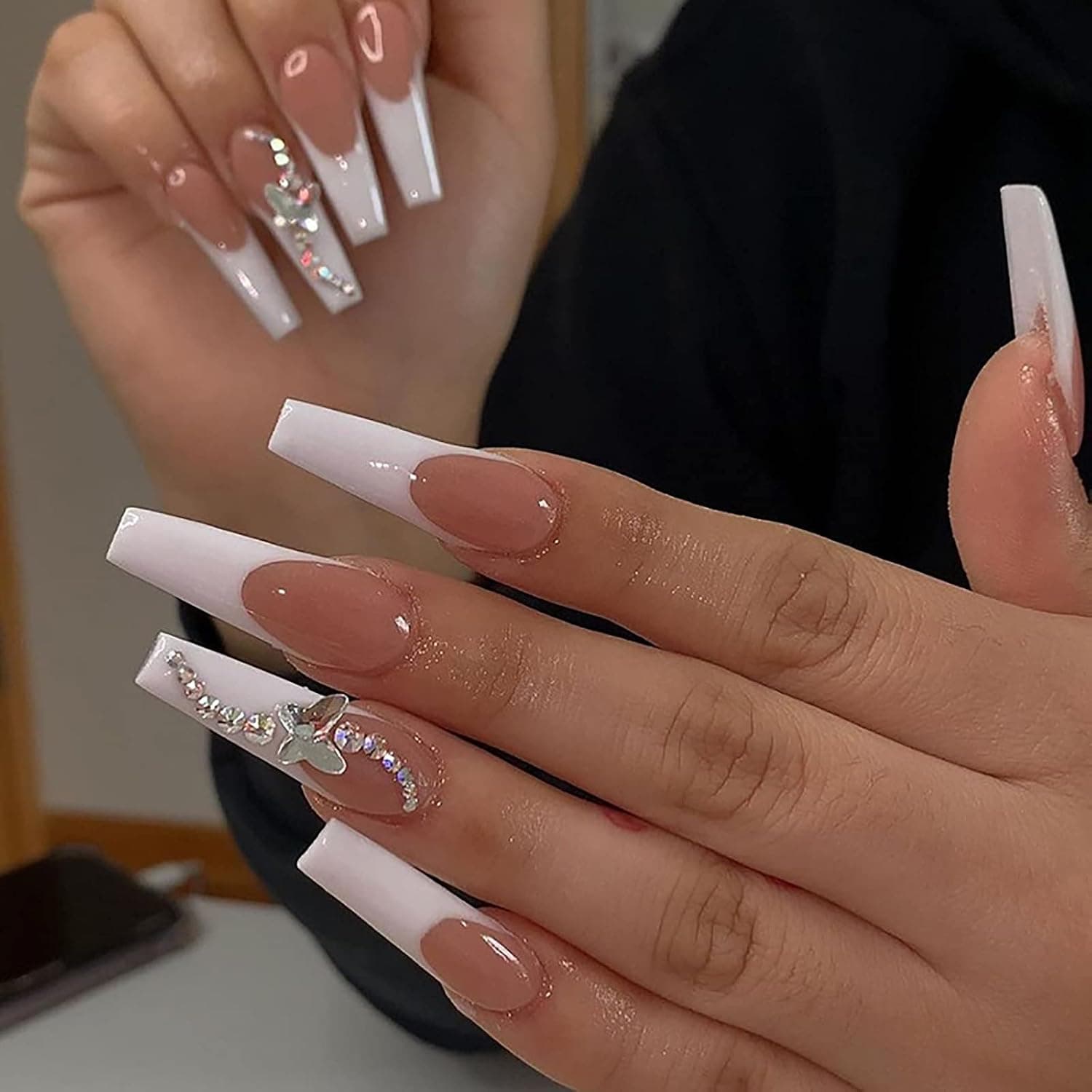 Press on Nails with Designs, Coffin Nails Extra Long Fake Nails with Glue, Long Acrylic Nails Tips Glue on Nails, Square False Nails for Women, 24PCS/Set