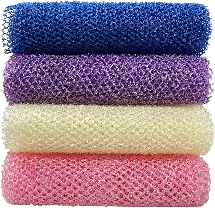 4 Pack Bath Sponge Net, Body Scrubber,African Exfoliating Net for Shower,11.8 inch X31.5 Inch Long Shower Net（Pink&Blue&Purple&Beige)
