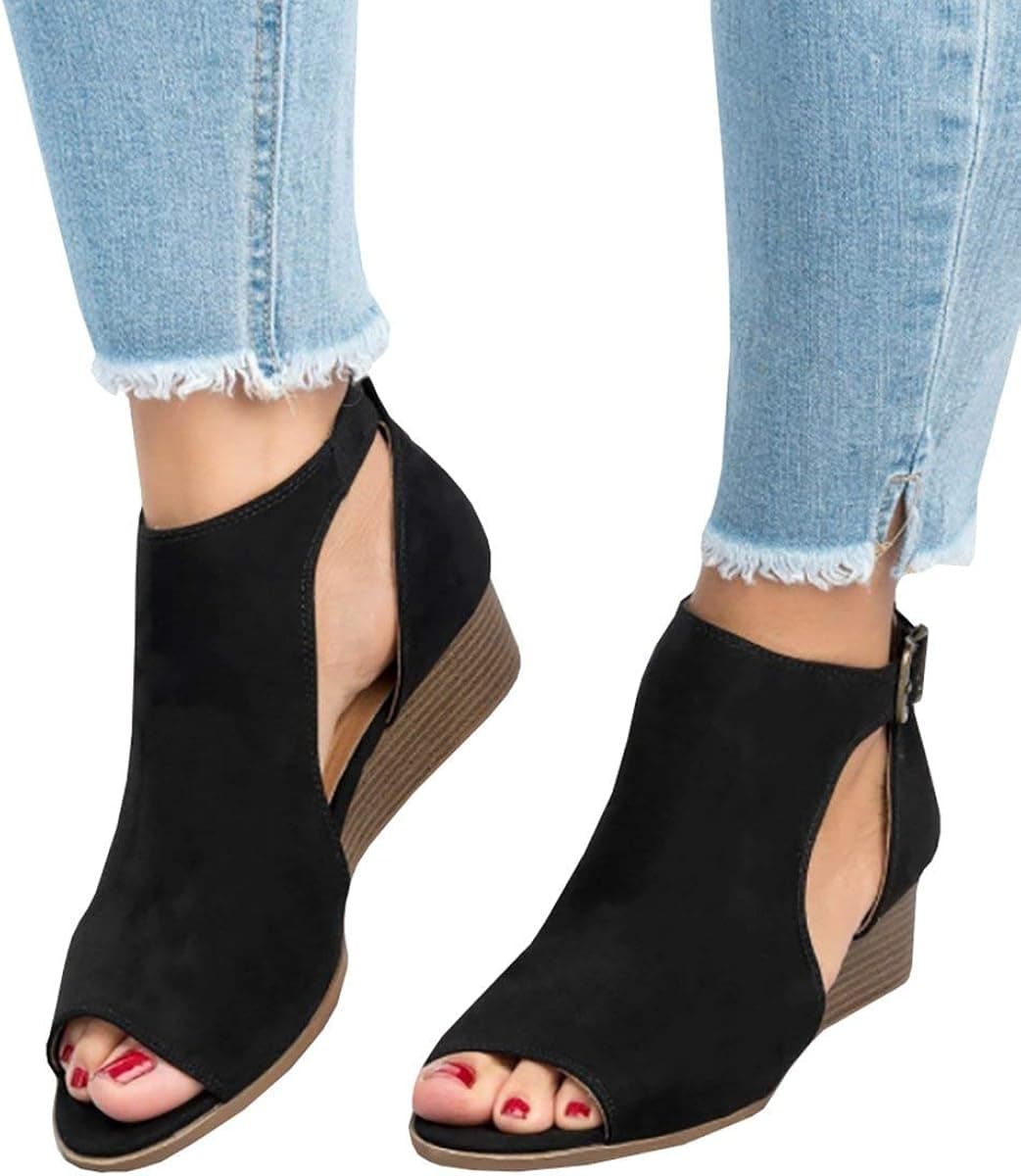 MayBest Women's Cut Out Espadrille Platform Wedge Sandals Ankle Strap Peep Toe Suede Shoes Black 9 B (M) US