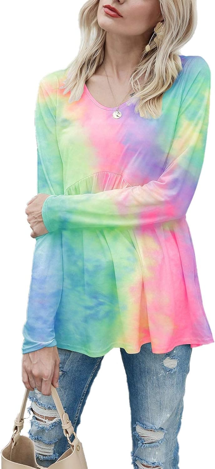 BASVO Davenil Women's Tie Dye Peplum Tops Long Sleeve Shirt Round Neck Loose Fitting Tunic Tops Multicolor Size XXL