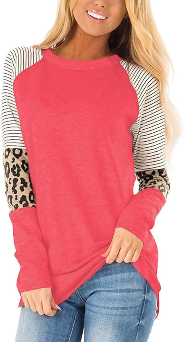 SLIMMING GRIL Women's Long Sleeve Leopard Tunic Tops Color Block Comfy T Shirts
