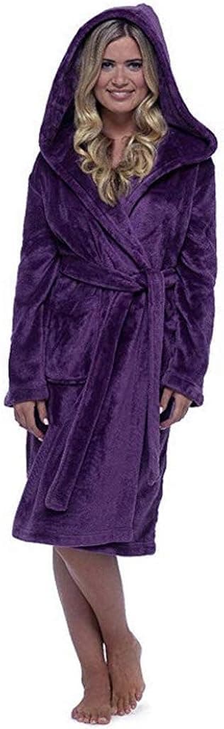 Women Fleece Gown With Hood Soft Warm Bathrobe Soft Cosy Winter Flannel Hooded Dressing Gown Loungewear