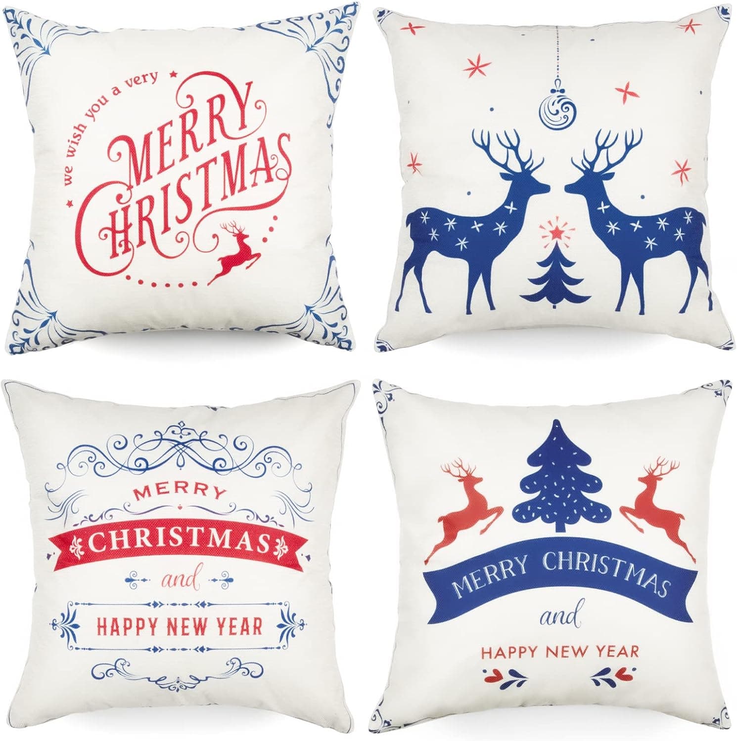 Joyhalo Christmas Pillow Covers Blue Farmhouse Throw Pillow Covers Cushion Case for Sofa Couch 18 x 18 Inches Cotton Linen