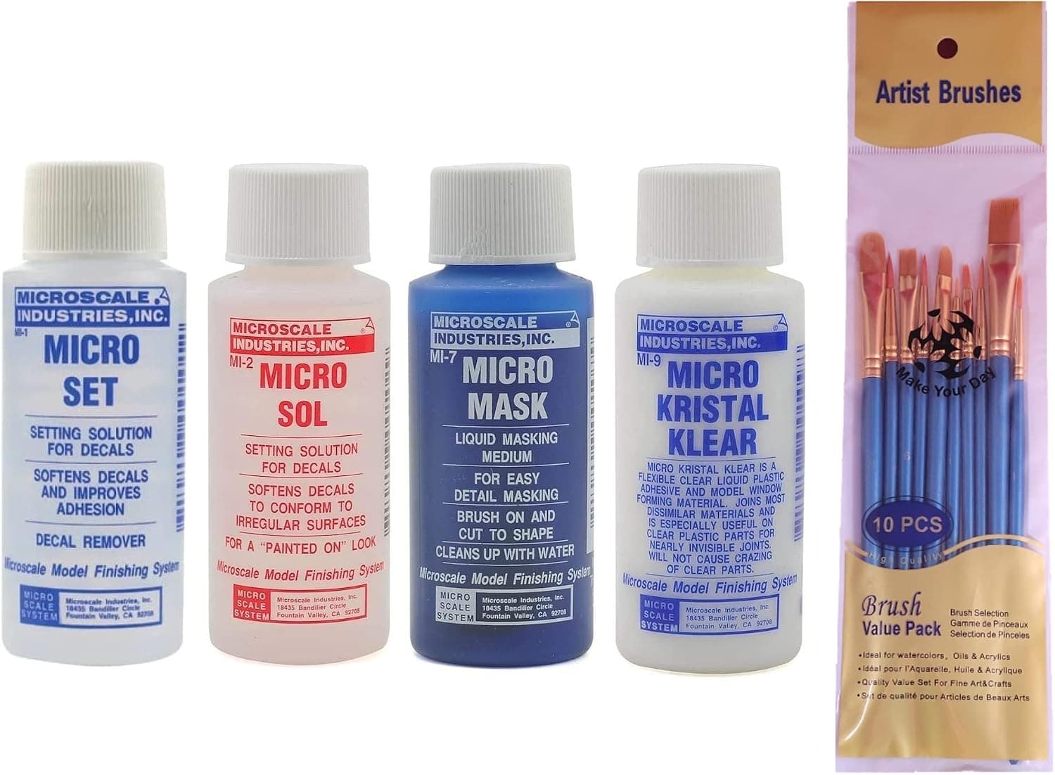 Microscale Industries, Inc. Micro Set, Micro Sol, Micro Mask, Micro Kristal Klear, 1 oz. Bottles, One of Each with Make Your Day Paintbrush Set